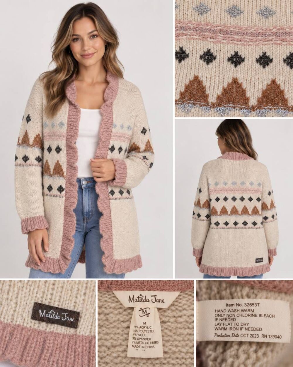 Matilda Jane Jacie Cardigan Women Cream Pink Fair Isle Ruffle Wool Blend